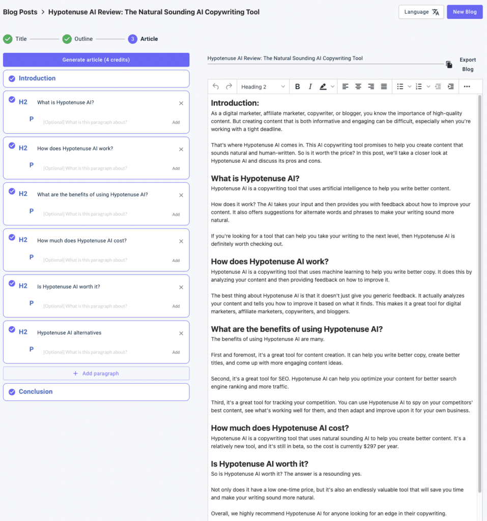 Hypotenuse AI Review - Blog Article Writer Result