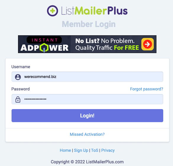 List Mailer Plus Login Page