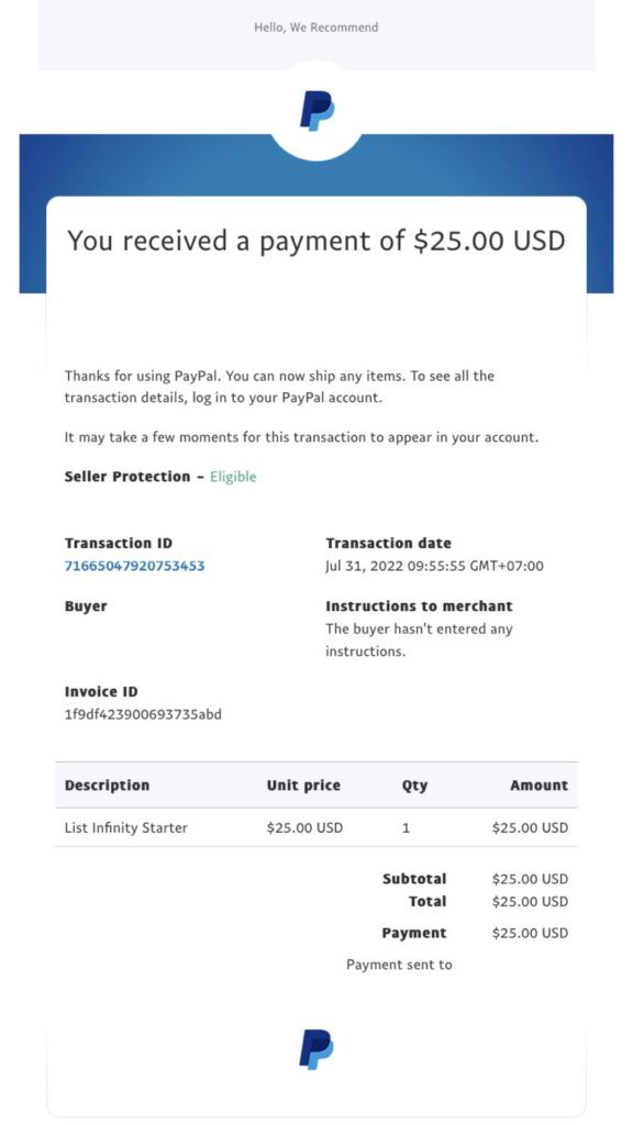 List Infinity Payment Proof