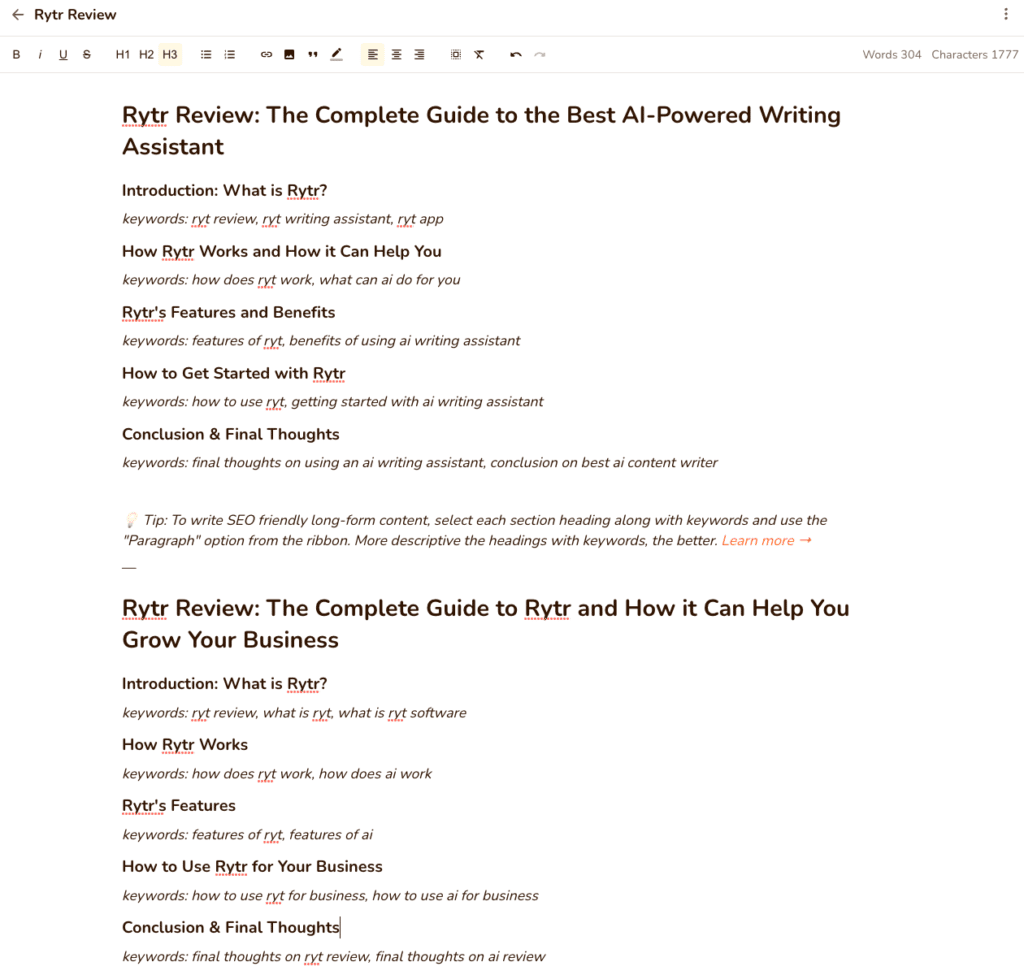 Rytr Review - Blog Idea and Outline Result