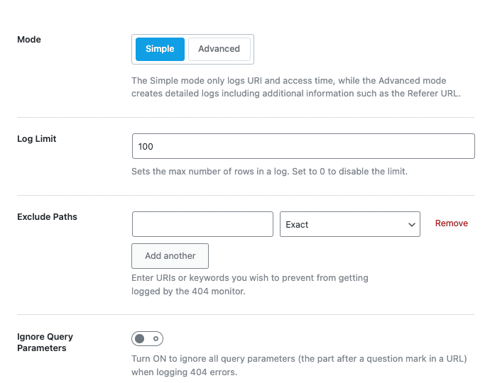 General Settings - 404 Monitor