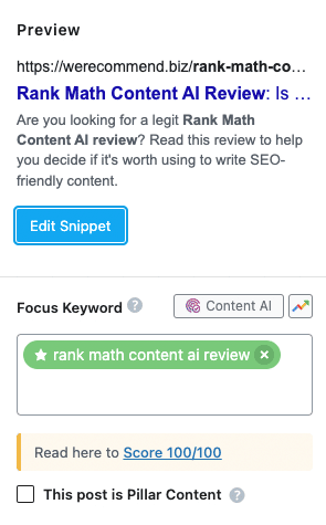 Rank Math Content AI Review - Content AI Button