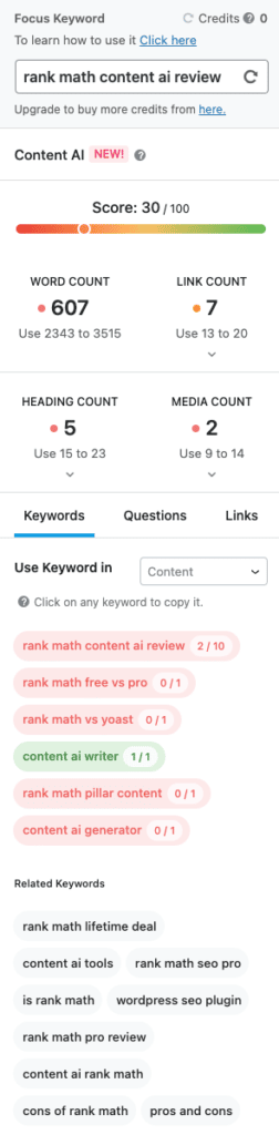 Rank Math Content AI Review - Content AI Menu