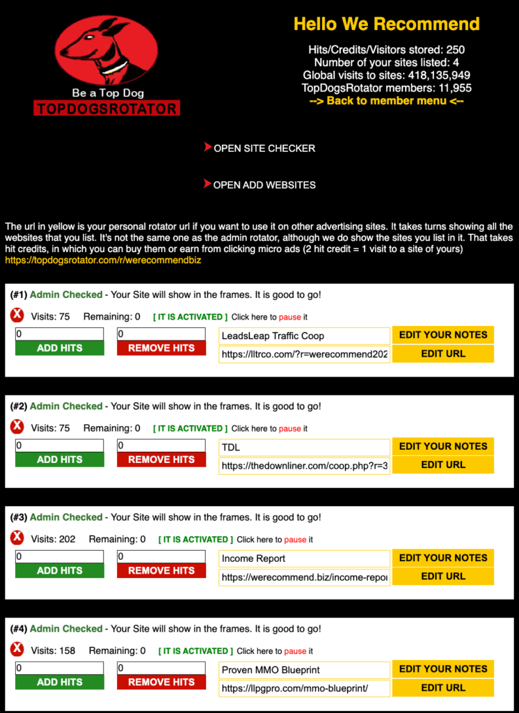 TopDogsRotator Website or Hits Menu