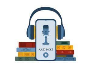 audiobooks apps: cellphone wearing headphones