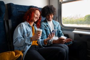 Friends having a Train Travel Experiences in USA.