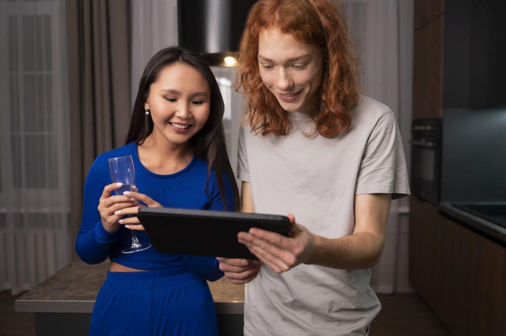 Friends using AI-powered productivity applications on their devices