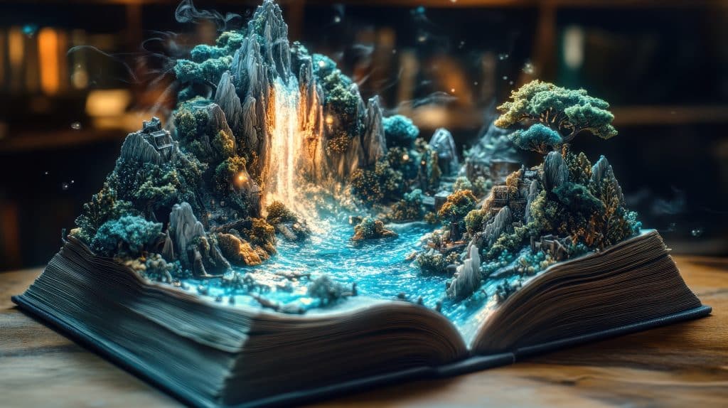 Fantasy world emerging from an open book